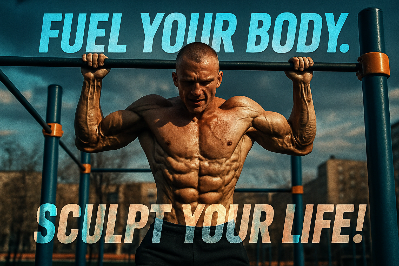 with bulb hair do calisthenics veins visible and moto saying "Fuel your body. Sculpt your Life!